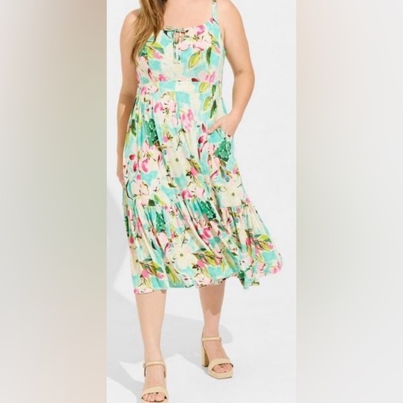 Torrid Midi Super Soft Tie Front Floral Sleeveless Dress - Picture 4 of 11